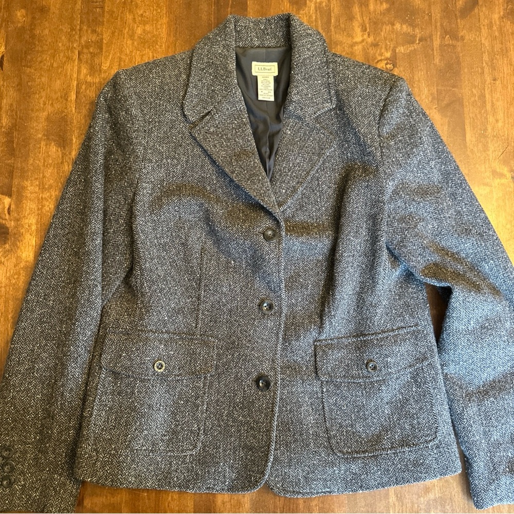 LL Bean Blazer Jacket M Gray Wool Silk Blend‎ Herringbone Tweed Lined Jacket